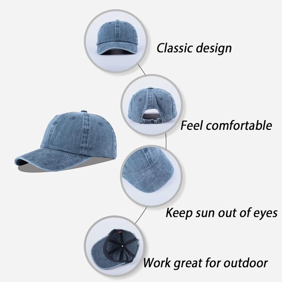 Unisex Washed-denim Blue Baseball Cap Cotton Fits Washed Denim Adjustable Hat - Picture 7 of 7